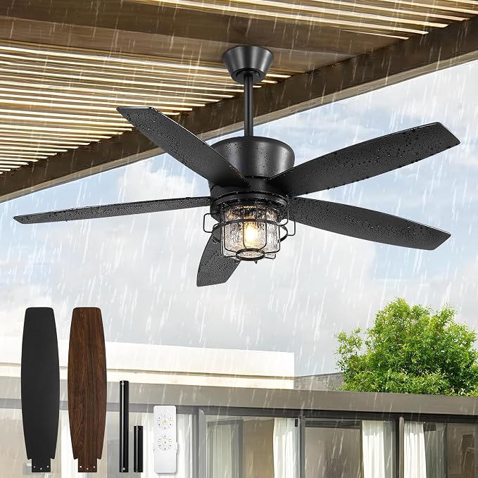 52" Outdoor Ceiling Fans with Lights and Remote Control,IP65 Wet Rated Waterproof Ceiling Fan with 6-Speed DC Motor
