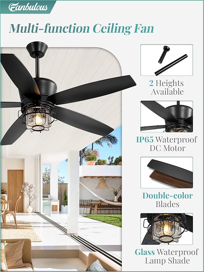 52" Outdoor Ceiling Fans with Lights and Remote Control,IP65 Wet Rated Waterproof Ceiling Fan with 6-Speed DC Motor