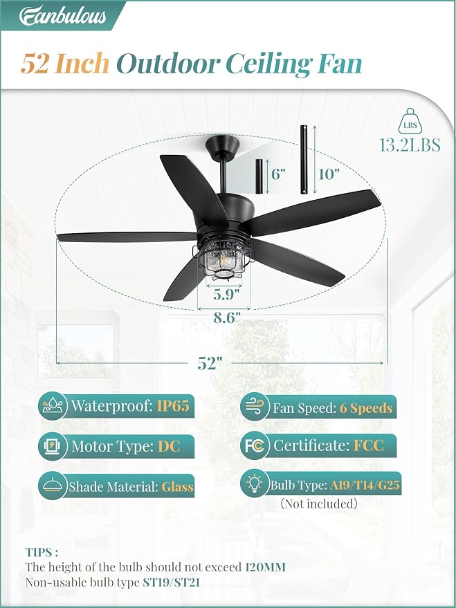 52" Outdoor Ceiling Fans with Lights and Remote Control,IP65 Wet Rated Waterproof Ceiling Fan with 6-Speed DC Motor