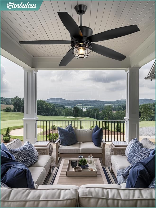 52" Outdoor Ceiling Fans with Lights and Remote Control,IP65 Wet Rated Waterproof Ceiling Fan with 6-Speed DC Motor