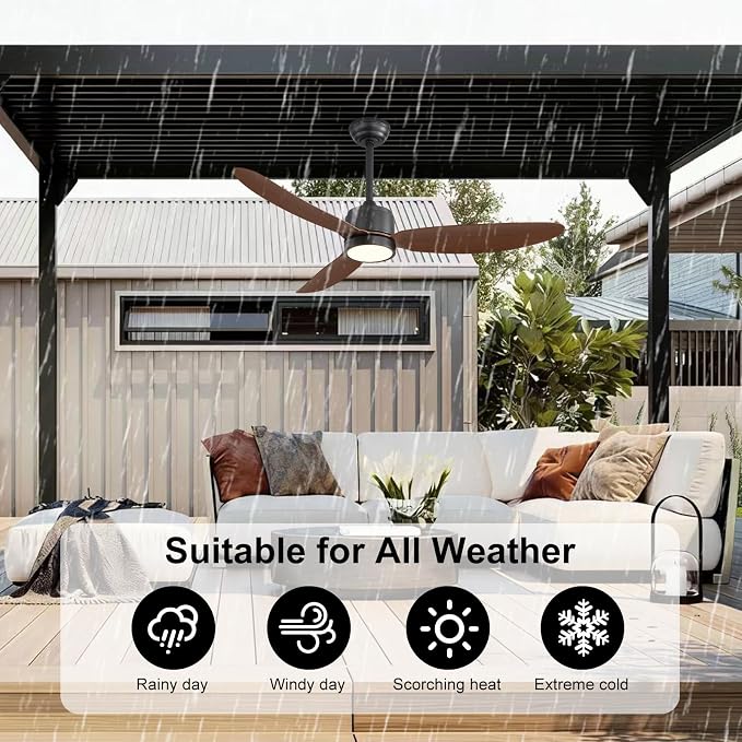 52" Outdoor Ceiling Fans with Lights, Wet Rated Waterproof Indoor Ceiling Fan with Remote, 3 ABS Blades Modern Ceiling