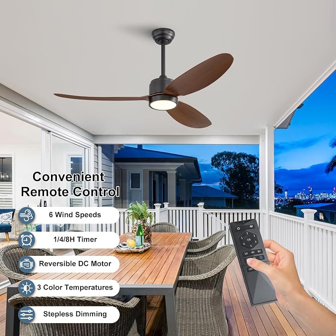 52" Outdoor Ceiling Fans with Lights, Wet Rated Waterproof Indoor Ceiling Fan with Remote, 3 ABS Blades Modern Ceiling