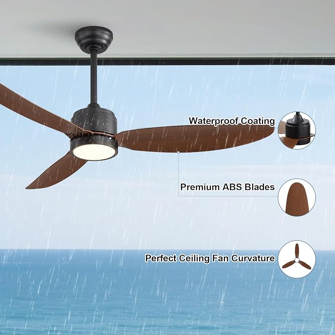 52" Outdoor Ceiling Fans with Lights, Wet Rated Waterproof Indoor Ceiling Fan with Remote, 3 ABS Blades Modern Ceiling