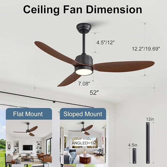 52" Outdoor Ceiling Fans with Lights, Wet Rated Waterproof Indoor Ceiling Fan with Remote, 3 ABS Blades Modern Ceiling