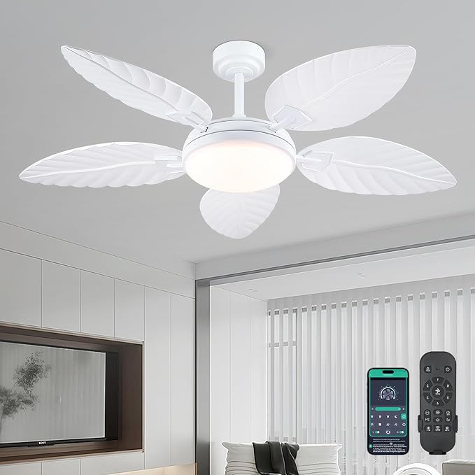 52" Palm Leaf Ceiling Fan with Lights, White Tropical Outdoor Ceiling Fan with Remote/APP for Bedroom Patio,Dimmable 3 Colors