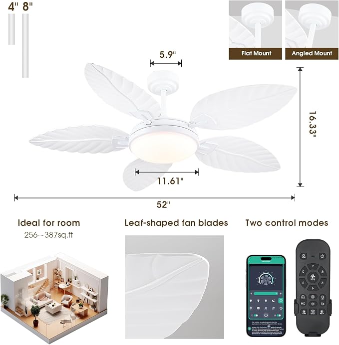 52" Palm Leaf Ceiling Fan with Lights, White Tropical Outdoor Ceiling Fan with Remote/APP for Bedroom Patio,Dimmable 3 Colors