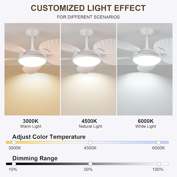 52" Palm Leaf Ceiling Fan with Lights, White Tropical Outdoor Ceiling Fan with Remote/APP for Bedroom Patio,Dimmable 3 Colors
