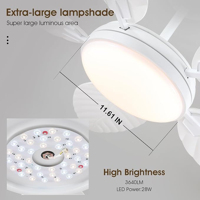 52" Palm Leaf Ceiling Fan with Lights, White Tropical Outdoor Ceiling Fan with Remote/APP for Bedroom Patio,Dimmable 3 Colors