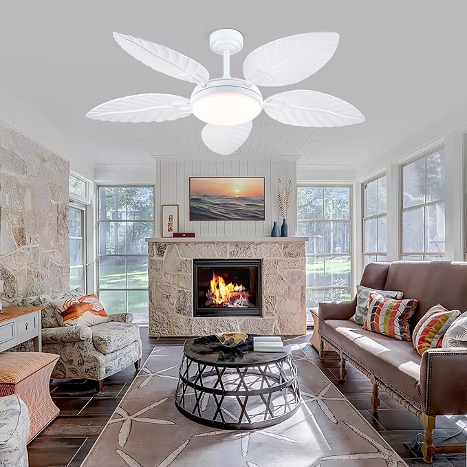 52" Palm Leaf Ceiling Fan with Lights, White Tropical Outdoor Ceiling Fan with Remote/APP for Bedroom Patio,Dimmable 3 Colors