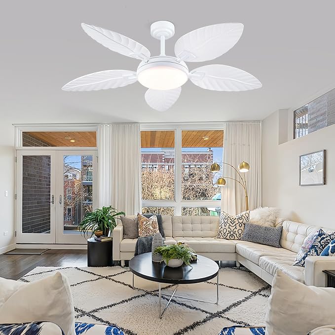 52" Palm Leaf Ceiling Fan with Lights, White Tropical Outdoor Ceiling Fan with Remote/APP for Bedroom Patio,Dimmable 3 Colors