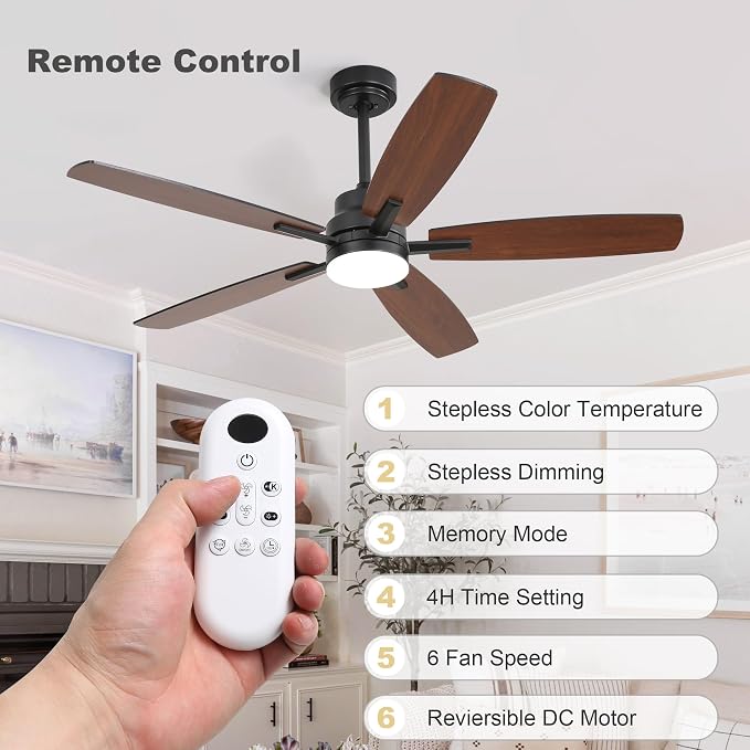 52" Remote Control Ceiling Fan with Light – 6-Speed Quiet DC Motor, Dimmable 3-Color LED, Flush Mount for Bedroom, Living