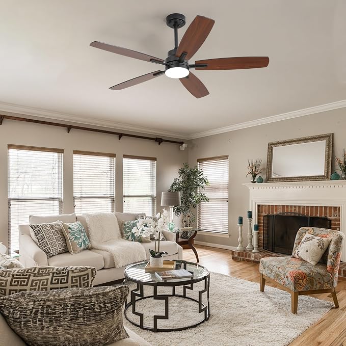 52" Remote Control Ceiling Fan with Light – 6-Speed Quiet DC Motor, Dimmable 3-Color LED, Flush Mount for Bedroom, Living