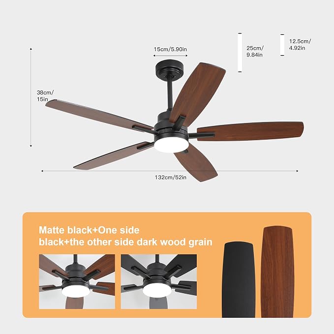 52" Remote Control Ceiling Fan with Light – 6-Speed Quiet DC Motor, Dimmable 3-Color LED, Flush Mount for Bedroom, Living
