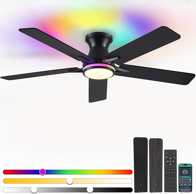 52" RGB Ceiling Fans with Lights and Remote/APP,Black Low Profile Ceiling Fans,Modern Flush Mount Ceiling Fans for Bedroom