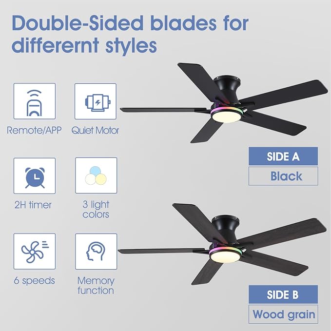 52" RGB Ceiling Fans with Lights and Remote/APP,Black Low Profile Ceiling Fans,Modern Flush Mount Ceiling Fans for Bedroom