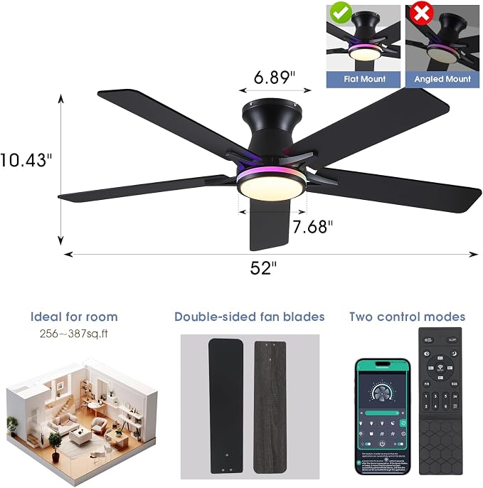 52" RGB Ceiling Fans with Lights and Remote/APP,Black Low Profile Ceiling Fans,Modern Flush Mount Ceiling Fans for Bedroom