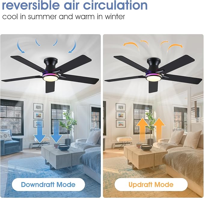 52" RGB Ceiling Fans with Lights and Remote/APP,Black Low Profile Ceiling Fans,Modern Flush Mount Ceiling Fans for Bedroom