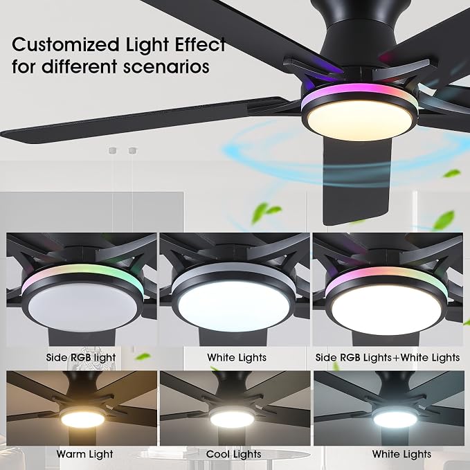 52" RGB Ceiling Fans with Lights and Remote/APP,Black Low Profile Ceiling Fans,Modern Flush Mount Ceiling Fans for Bedroom