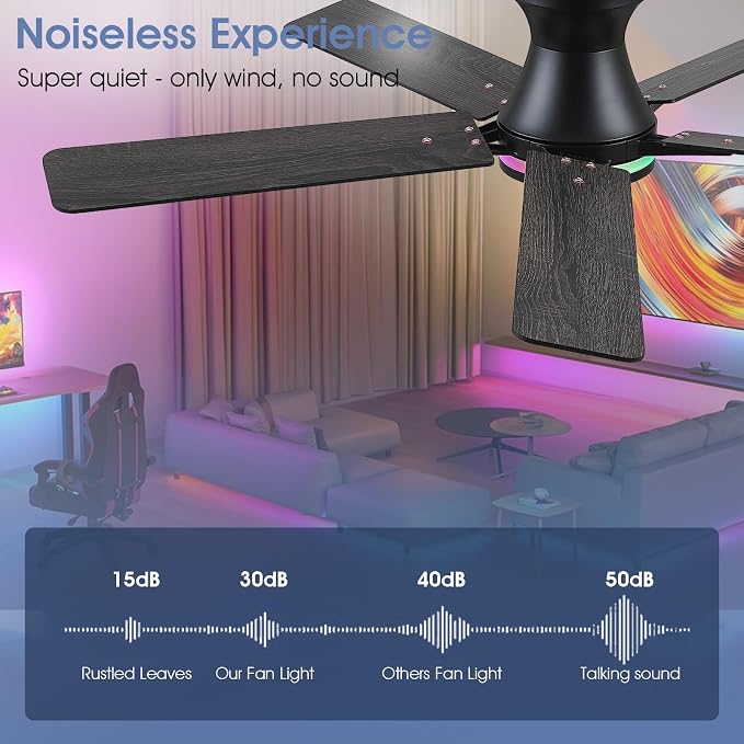 52" RGB Ceiling Fans with Lights and Remote/APP,Black Low Profile Ceiling Fans,Modern Flush Mount Ceiling Fans for Bedroom