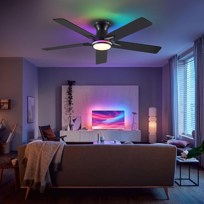 52" RGB Ceiling Fans with Lights and Remote/APP,Black Low Profile Ceiling Fans,Modern Flush Mount Ceiling Fans for Bedroom