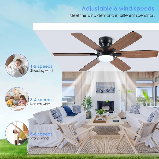 52" Rustic Ceiling Fans with Lights, Low Profile Flush Mount Ceiling Fan with Remote/APP Control, 6 Reversible Double-sided