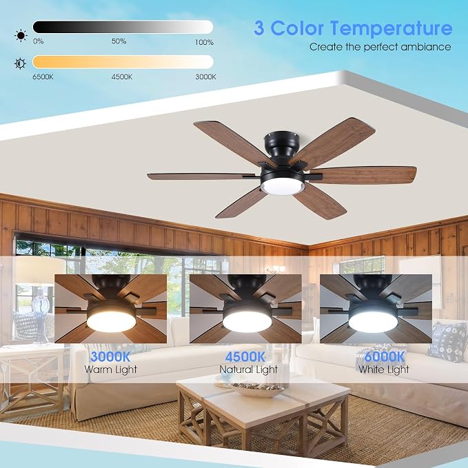 52" Rustic Ceiling Fans with Lights, Low Profile Flush Mount Ceiling Fan with Remote/APP Control, 6 Reversible Double-sided