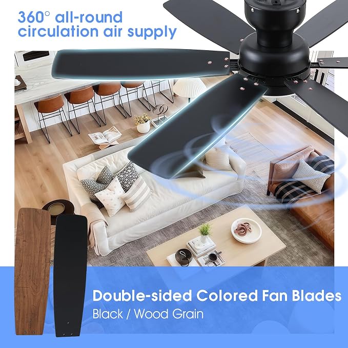 52" Rustic Ceiling Fans with Lights, Low Profile Flush Mount Ceiling Fan with Remote/APP Control, 6 Reversible Double-sided