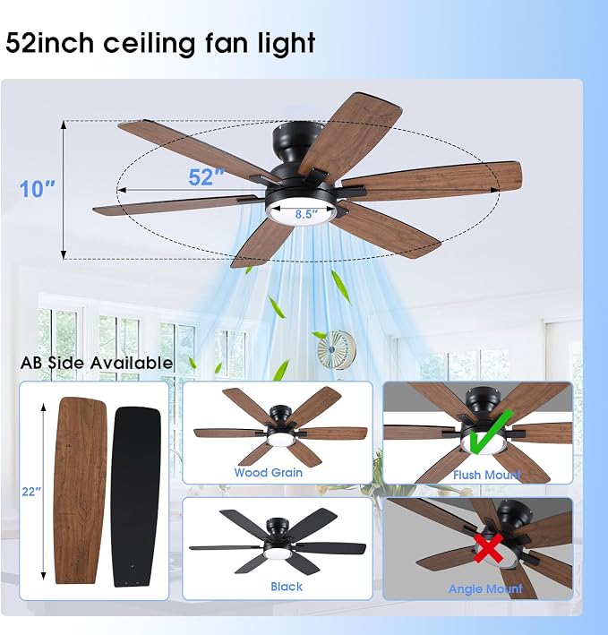 52" Rustic Ceiling Fans with Lights, Low Profile Flush Mount Ceiling Fan with Remote/APP Control, 6 Reversible Double-sided