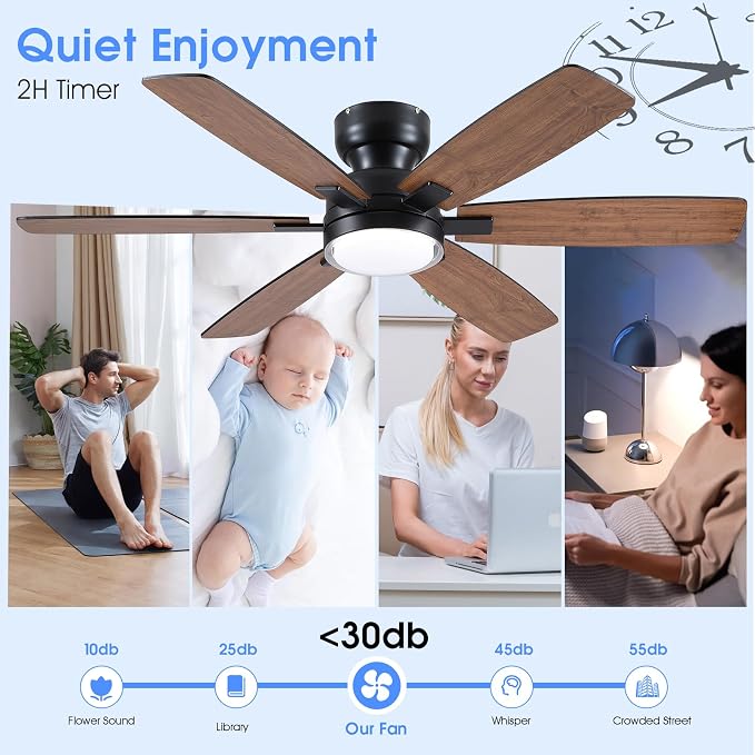 52" Rustic Ceiling Fans with Lights, Low Profile Flush Mount Ceiling Fan with Remote/APP Control, 6 Reversible Double-sided