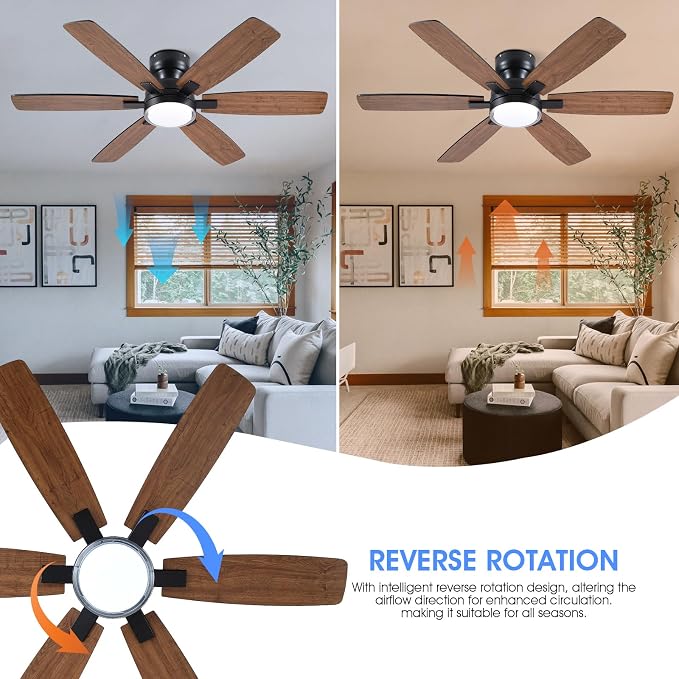 52" Rustic Ceiling Fans with Lights, Low Profile Flush Mount Ceiling Fan with Remote/APP Control, 6 Reversible Double-sided