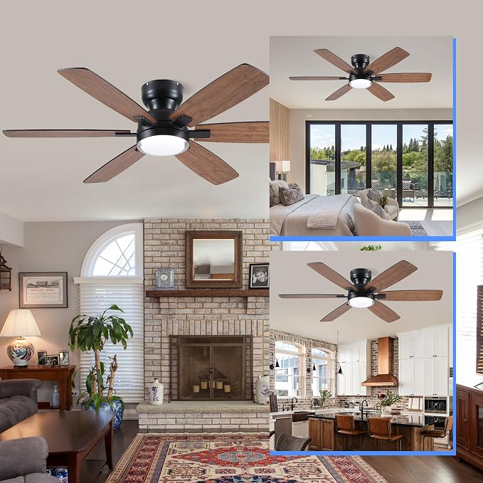 52" Rustic Ceiling Fans with Lights, Low Profile Flush Mount Ceiling Fan with Remote/APP Control, 6 Reversible Double-sided
