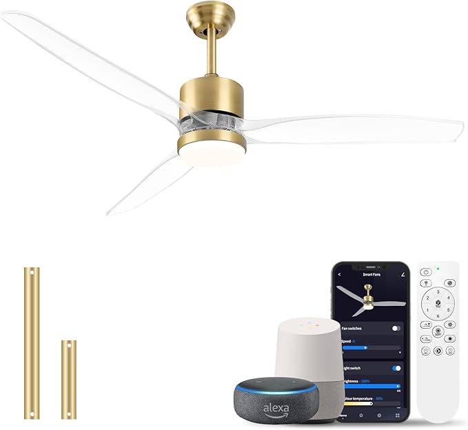 52" Smart Ceiling Fan with Light, WiFi Enabled for Alexa & App Control, Reversible Gold Modern Ceiling Fan with Dimmable LED