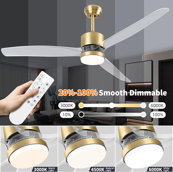 52" Smart Ceiling Fan with Light, WiFi Enabled for Alexa & App Control, Reversible Gold Modern Ceiling Fan with Dimmable LED