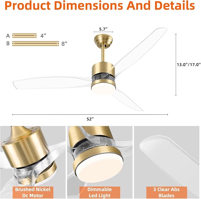 52" Smart Ceiling Fan with Light, WiFi Enabled for Alexa & App Control, Reversible Gold Modern Ceiling Fan with Dimmable LED