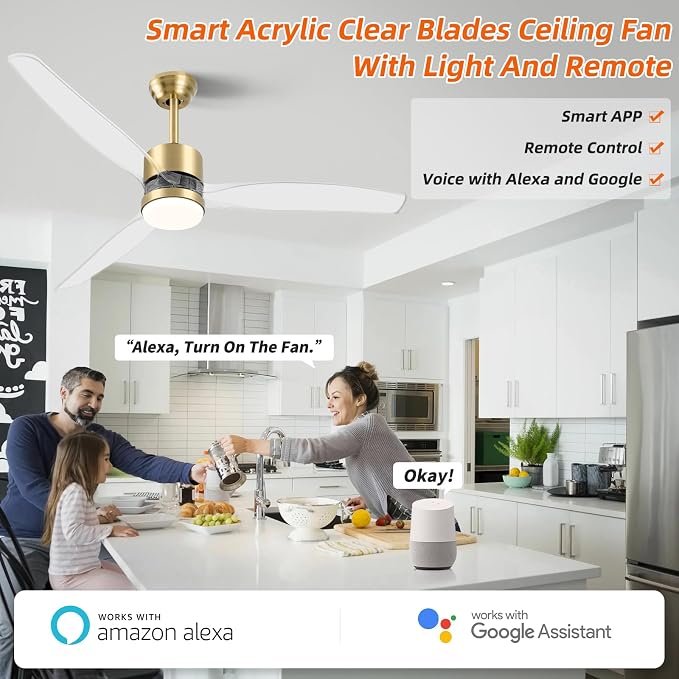 52" Smart Ceiling Fan with Light, WiFi Enabled for Alexa & App Control, Reversible Gold Modern Ceiling Fan with Dimmable LED