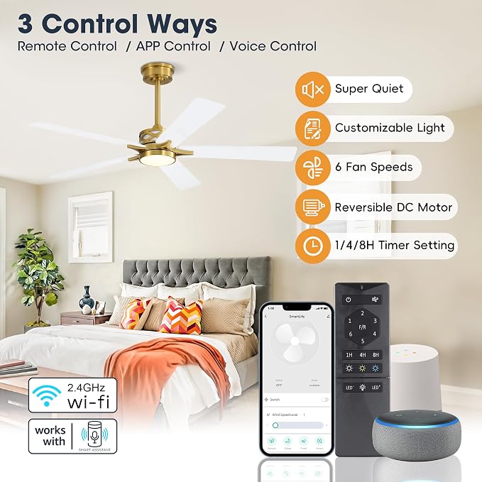 52" Smart Ceiling Fan with Lights, 5 Plywood Blades, 6 Speeds Reversible DC Motor, Works with Alexa and Google Assistant