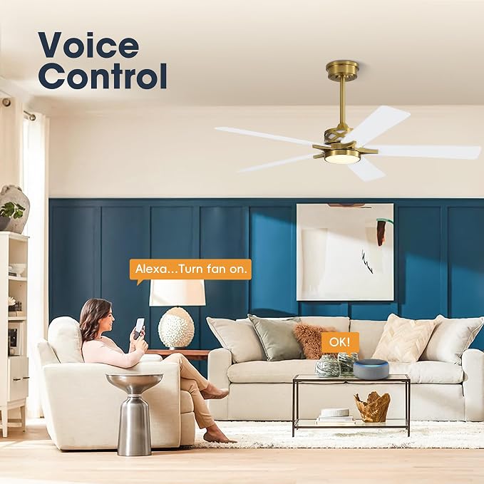 52" Smart Ceiling Fan with Lights, 5 Plywood Blades, 6 Speeds Reversible DC Motor, Works with Alexa and Google Assistant
