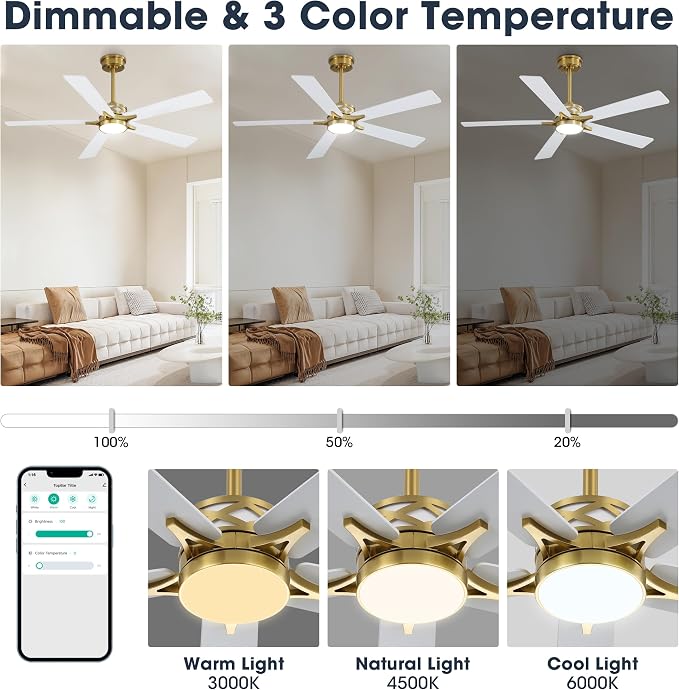 52" Smart Ceiling Fan with Lights, 5 Plywood Blades, 6 Speeds Reversible DC Motor, Works with Alexa and Google Assistant