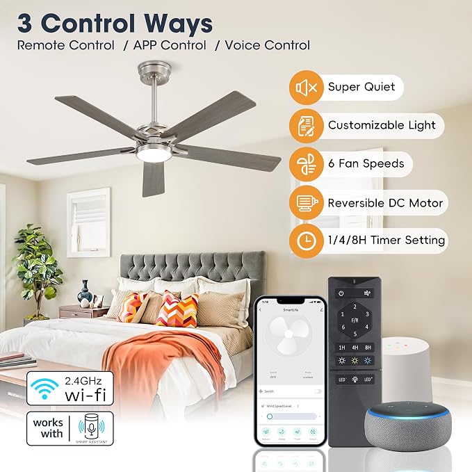 52" Smart Ceiling Fan with Lights, 5 Plywood Blades, 6 Speeds Reversible DC Motor, Works with Alexa and Google Assistant