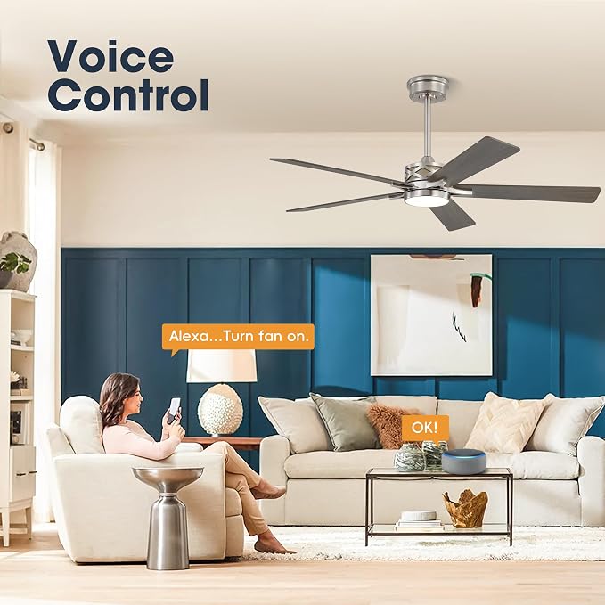 52" Smart Ceiling Fan with Lights, 5 Plywood Blades, 6 Speeds Reversible DC Motor, Works with Alexa and Google Assistant