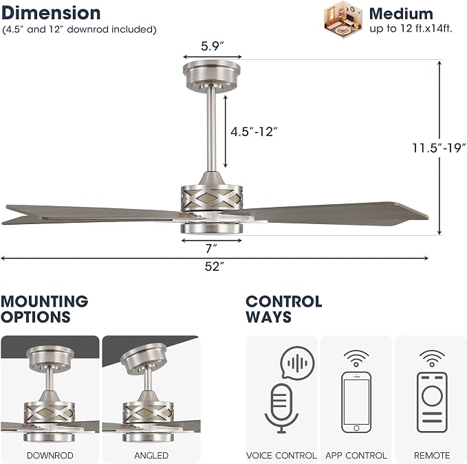 52" Smart Ceiling Fan with Lights, 5 Plywood Blades, 6 Speeds Reversible DC Motor, Works with Alexa and Google Assistant