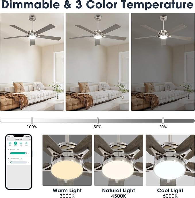 52" Smart Ceiling Fan with Lights, 5 Plywood Blades, 6 Speeds Reversible DC Motor, Works with Alexa and Google Assistant