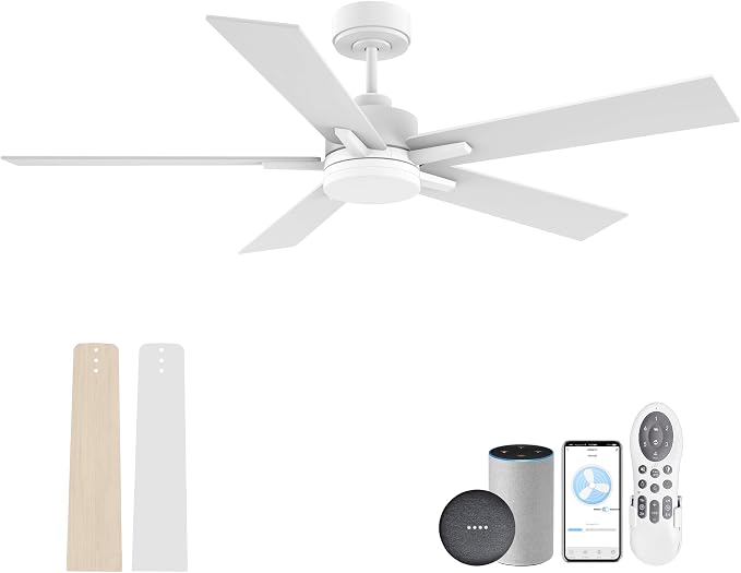 52” Smart Ceiling Fan with Lights Remote,Voice Control via Alexa Google WIFI App,Ultra Quiet DC Motor,Outdoor Indoor Modern