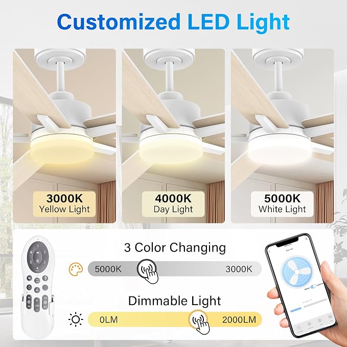 52” Smart Ceiling Fan with Lights Remote,Voice Control via Alexa Google WIFI App,Ultra Quiet DC Motor,Outdoor Indoor Modern