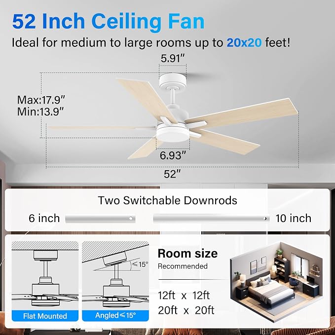 52” Smart Ceiling Fan with Lights Remote,Voice Control via Alexa Google WIFI App,Ultra Quiet DC Motor,Outdoor Indoor Modern