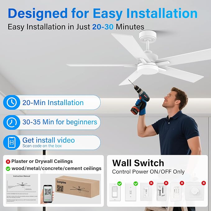 52” Smart Ceiling Fan with Lights Remote,Voice Control via Alexa Google WIFI App,Ultra Quiet DC Motor,Outdoor Indoor Modern