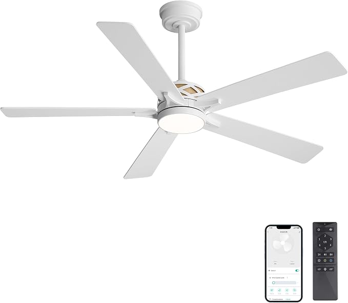 52" Smart Ceiling Fan with Lights, White/Oak Blades, 6 Speeds Reversible DC Motor, Works with Alexa and Google Assistant