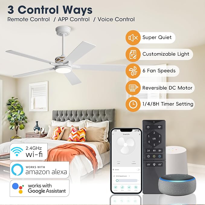 52" Smart Ceiling Fan with Lights, White/Oak Blades, 6 Speeds Reversible DC Motor, Works with Alexa and Google Assistant