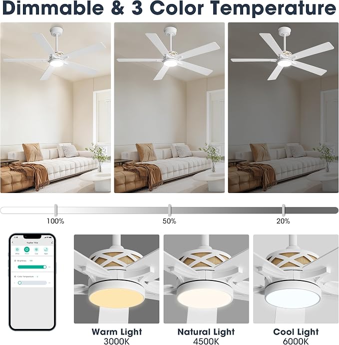 52" Smart Ceiling Fan with Lights, White/Oak Blades, 6 Speeds Reversible DC Motor, Works with Alexa and Google Assistant