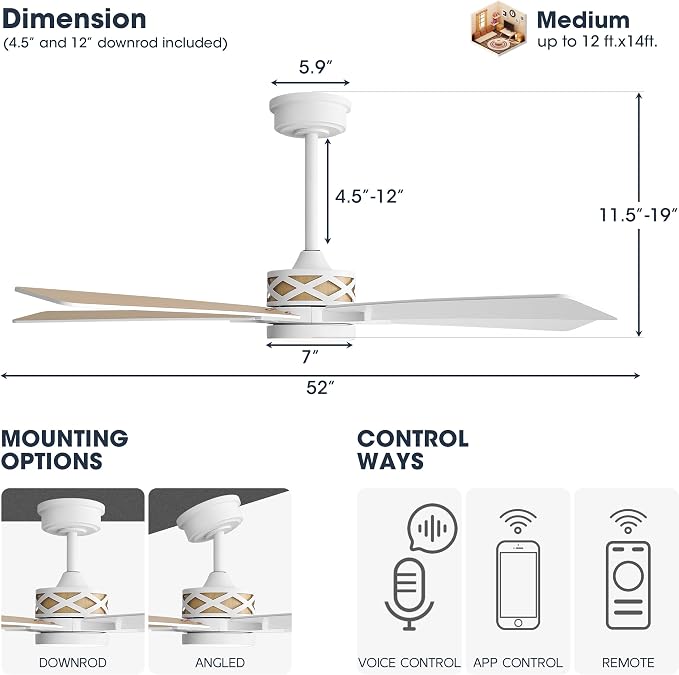 52" Smart Ceiling Fan with Lights, White/Oak Blades, 6 Speeds Reversible DC Motor, Works with Alexa and Google Assistant